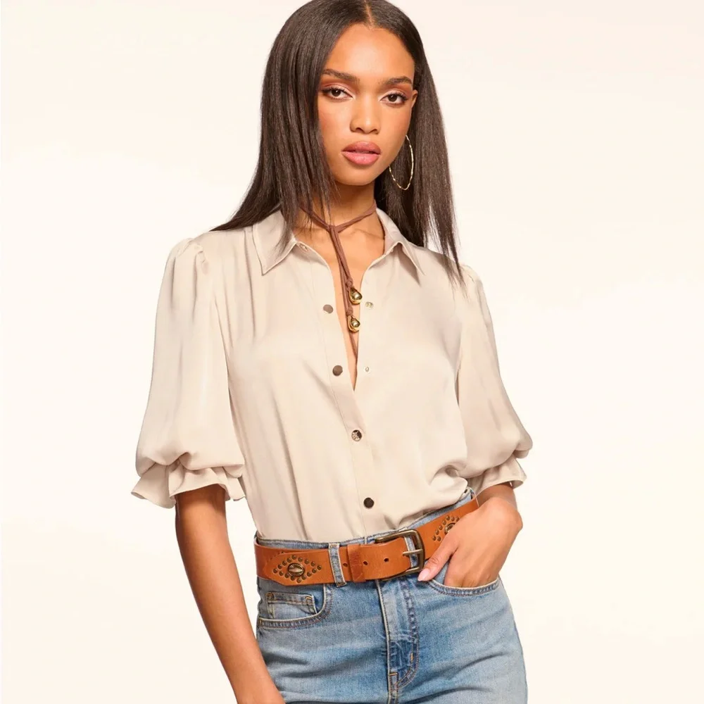 Ramy Brook Sand Puff-Sleeve Button Front Bodysuit, M. NWT. - Picture 1 of 2